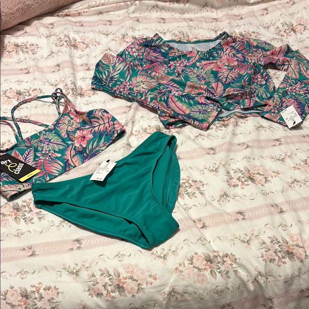 3 Piece Tropical Floral Bikini Set with Long Sleeve Rashguard, UPF 50+, NWT
